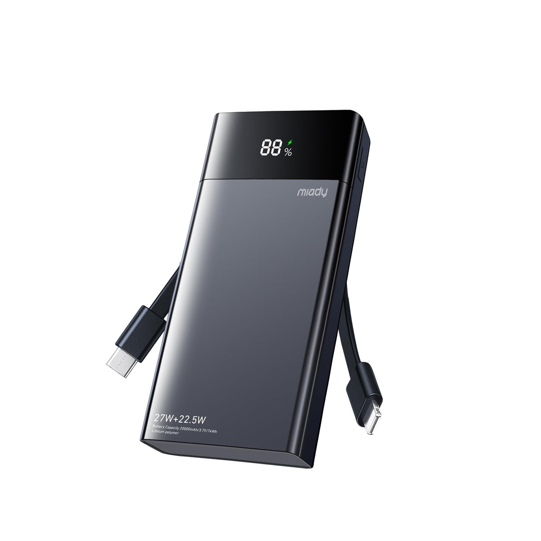 Miady Powerbank 20000mAh, 27W Schnellladen mit Integrietem USB-C Kabel, Externe Handyakkus kompatibe