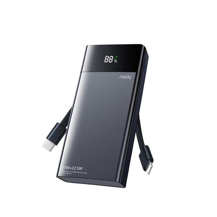 Miady Powerbank 20000mAh, 27W Schnellladen mit Integrietem USB-C Kabel, Externe Handyakkus kompatibe