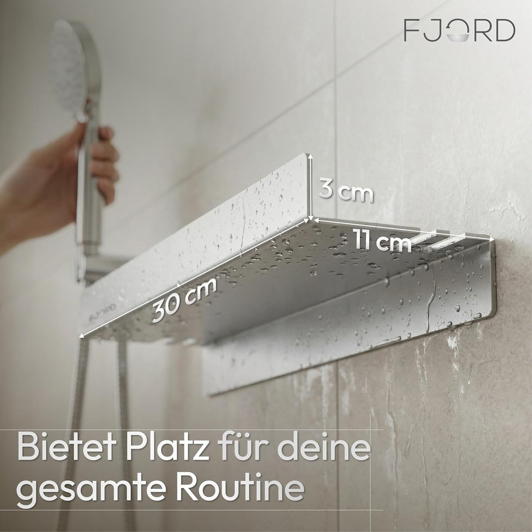 FJORD Flow Premium Duschablage ohne Bohren [Matt Silber] – Design Duschregal mit integriertem Rasier