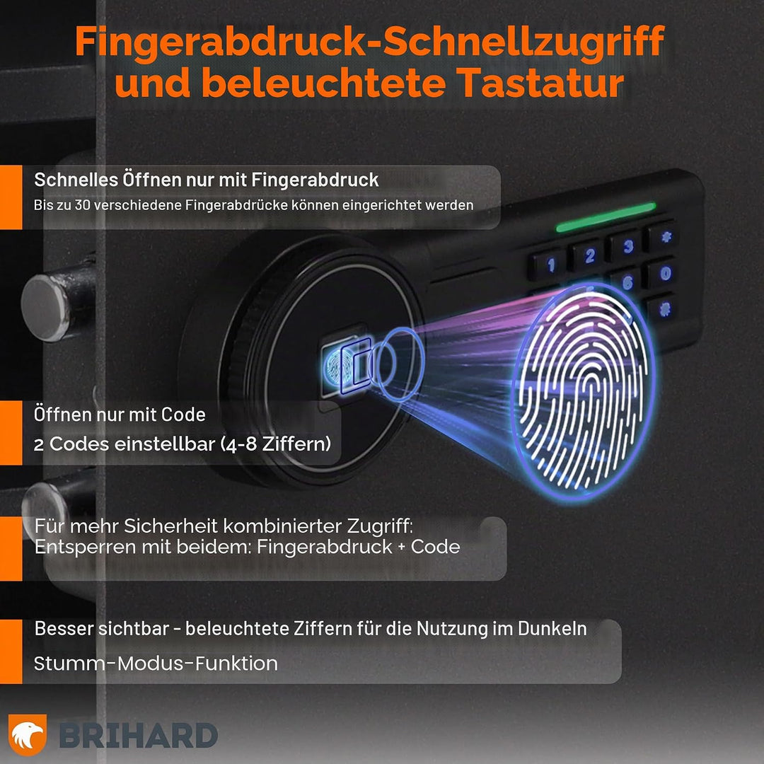 Brihard Biometrischer Safe E14602B – 2-in-1 Digitale Tastatur und Fingerabdruck – Home Tresor 25 cm