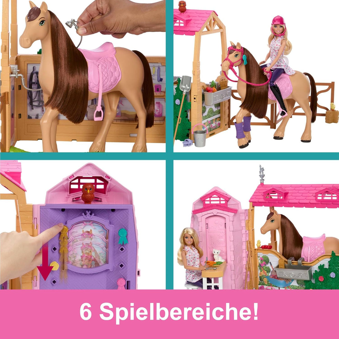 Barbie Spielzeugstall-Spielset mit Puppe, Pferd und Zubehör, mehr als 25 Teile mit 6 Spielbereichen,