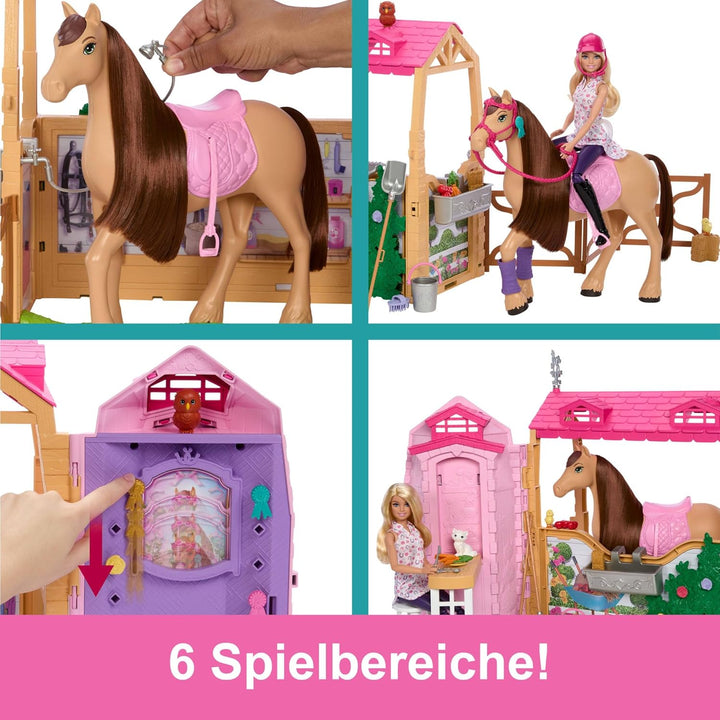 Barbie Spielzeugstall-Spielset mit Puppe, Pferd und Zubehör, mehr als 25 Teile mit 6 Spielbereichen,