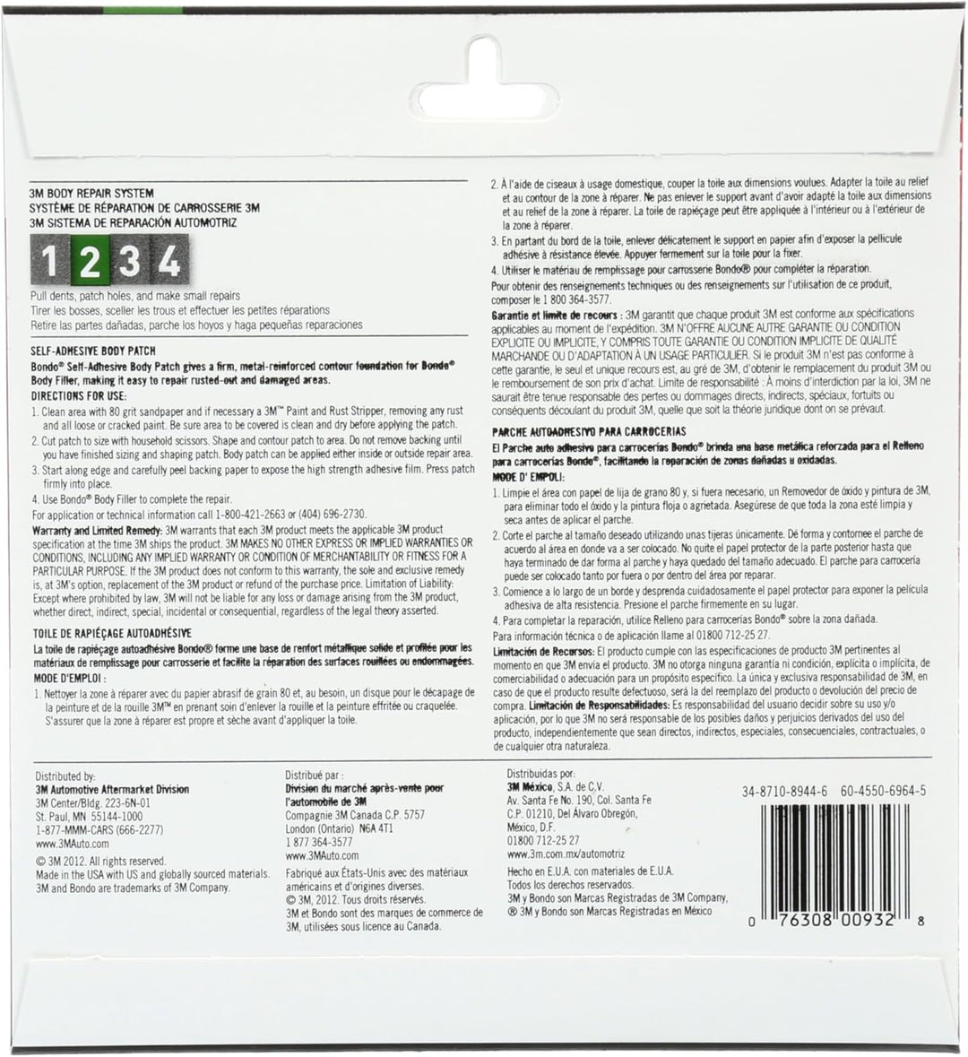 Bondo Body Patch Selbstklebend für grosse Rost und beschädigte Stellen, 2 Patches, 15,0 x 14,7 cm, 2