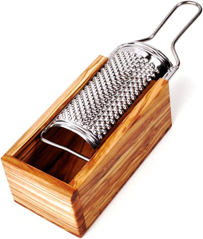 DAS OLIVENHOLZBRETT® Parmesan-Reibe mit Auffang-Behälter aus Olivenholzholz, 2teilig incl Reibe:19cm