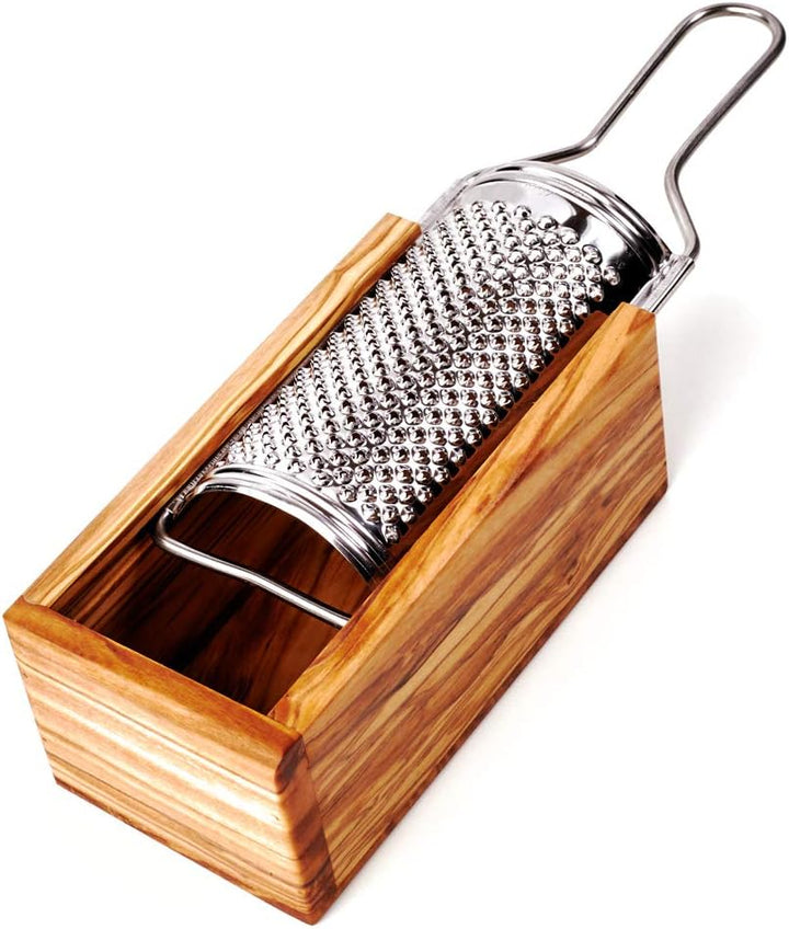 DAS OLIVENHOLZBRETT® Parmesan-Reibe mit Auffang-Behälter aus Olivenholzholz, 2teilig incl Reibe:19cm