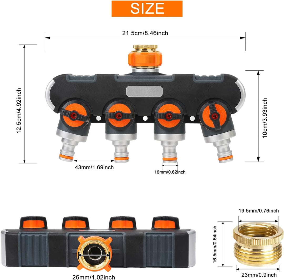 oumuik 4 Wege Verteiler 3/4-1/2 Zoll Wasser/Garten Verteiler für Gartenschlauch Kupplung mit Absperr