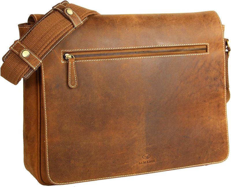 ALMADIH XL echt Leder Messenger 17" Laptop-Fach braun Vintage M28 Laptoptasche Aktentasche viele Fäc