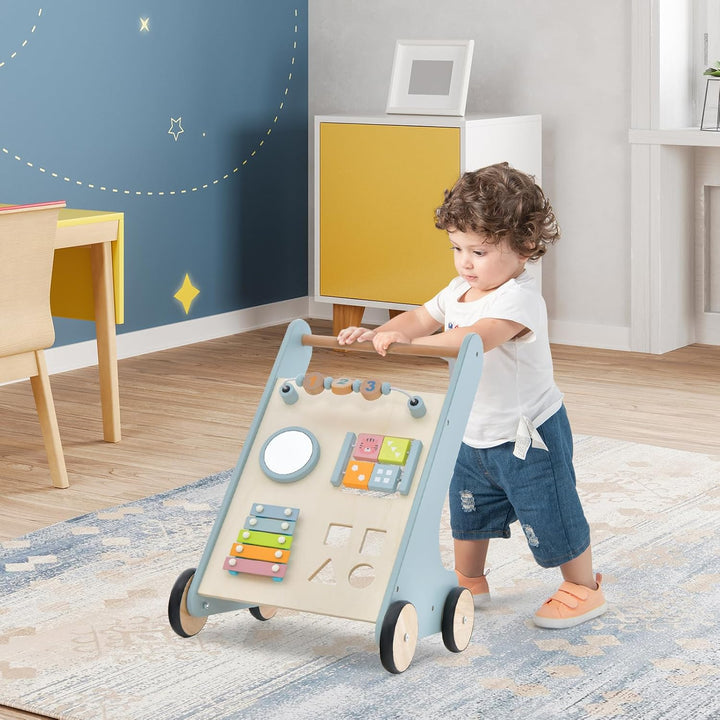 DREAMADE 2 in 1 Lauflernwagen, Lauflernhilfe mit Spielbrett, Spiegel, Flip-Block, Xylophon & Spielze
