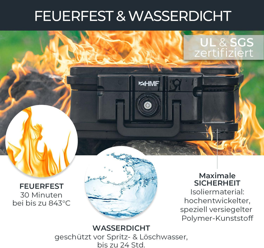 HMF 250453 Feuerfeste Wasserdichte Dokumentenbox | DIN A4 | Hängeregister | schwarz DIN A4, Register