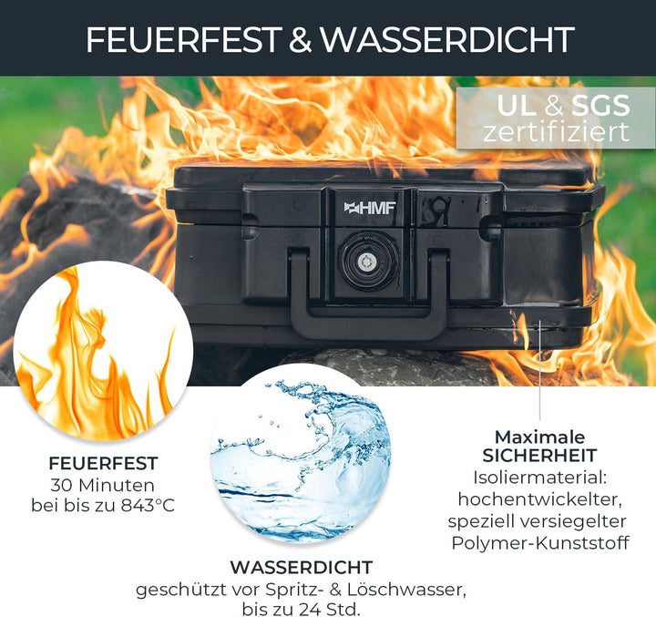 HMF 250453 Feuerfeste Wasserdichte Dokumentenbox | DIN A4 | Hängeregister | schwarz DIN A4, Register