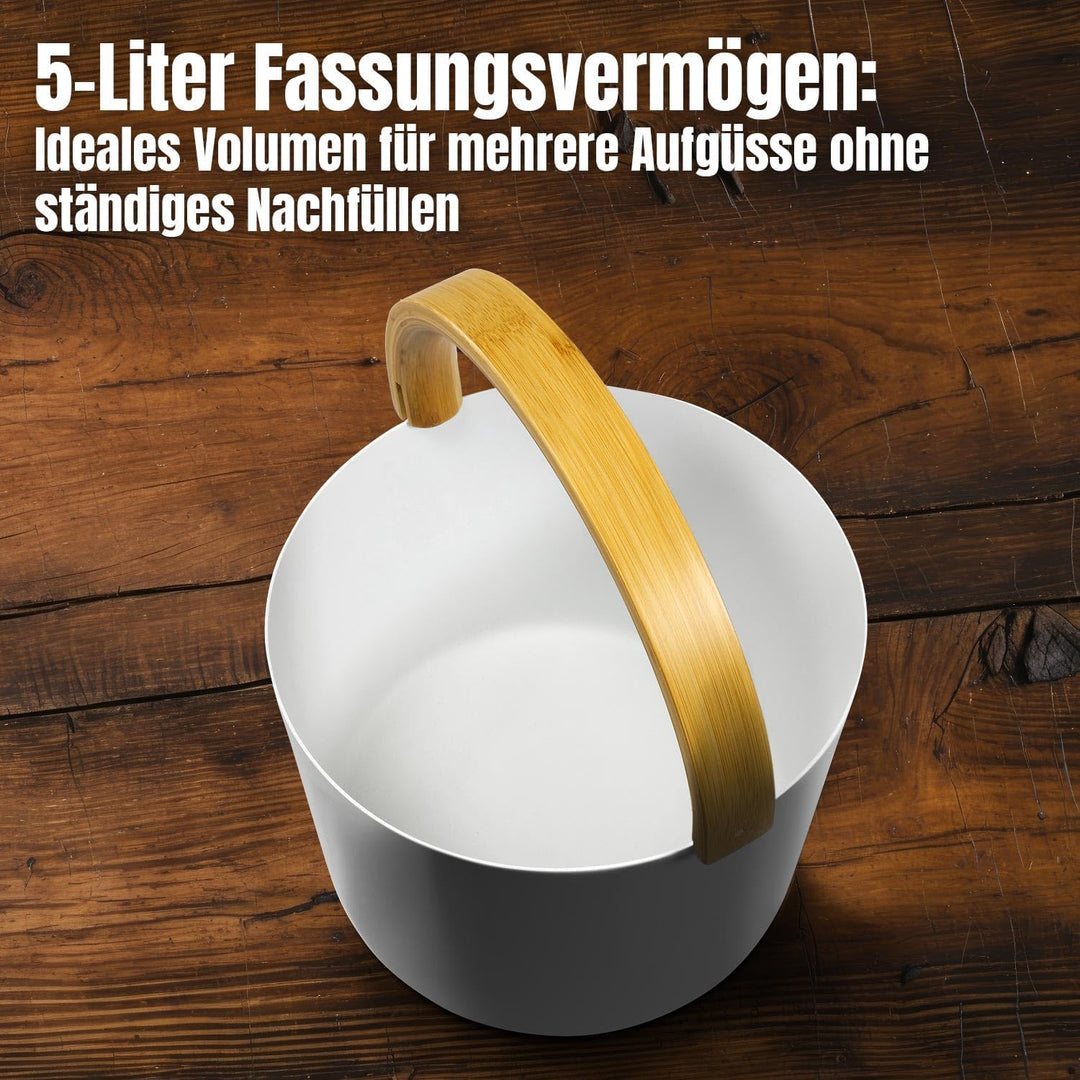 KOLO Sauna Kübel 2 & Kelle - Sauna Aufguss Set - Sauna Eimer 5 l aus Aluminium Weiss - 300 ml Aufgus