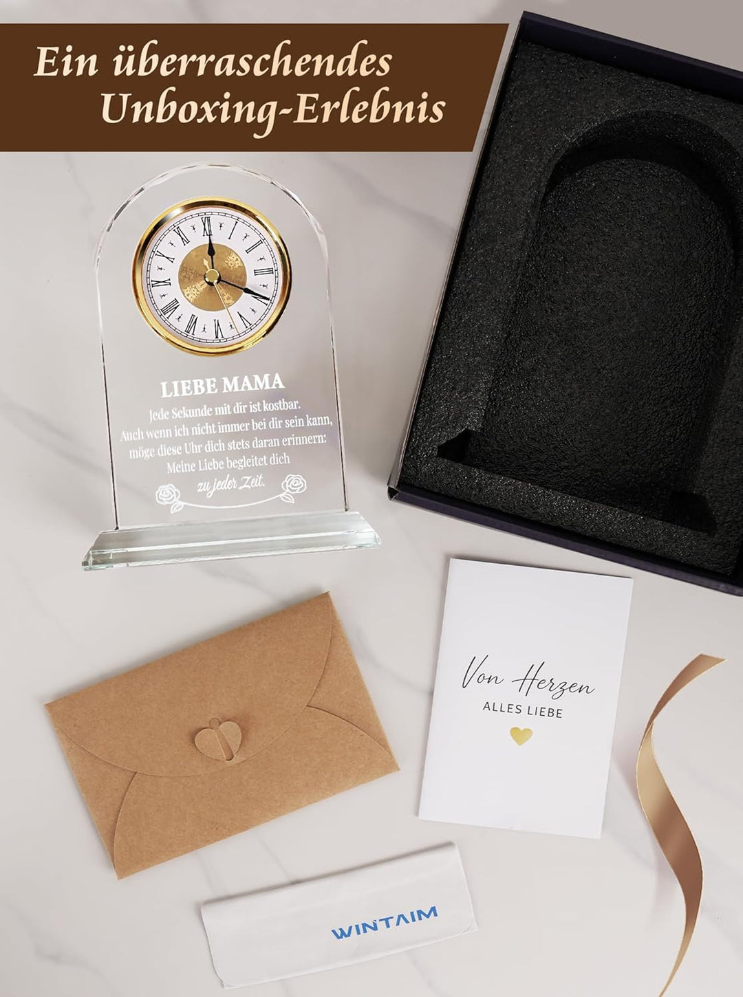 Geschenk für Mama zum Geburtstag & Muttertag – Edle Glasuhr mit Spruch von Tochter & Sohn – Besonder