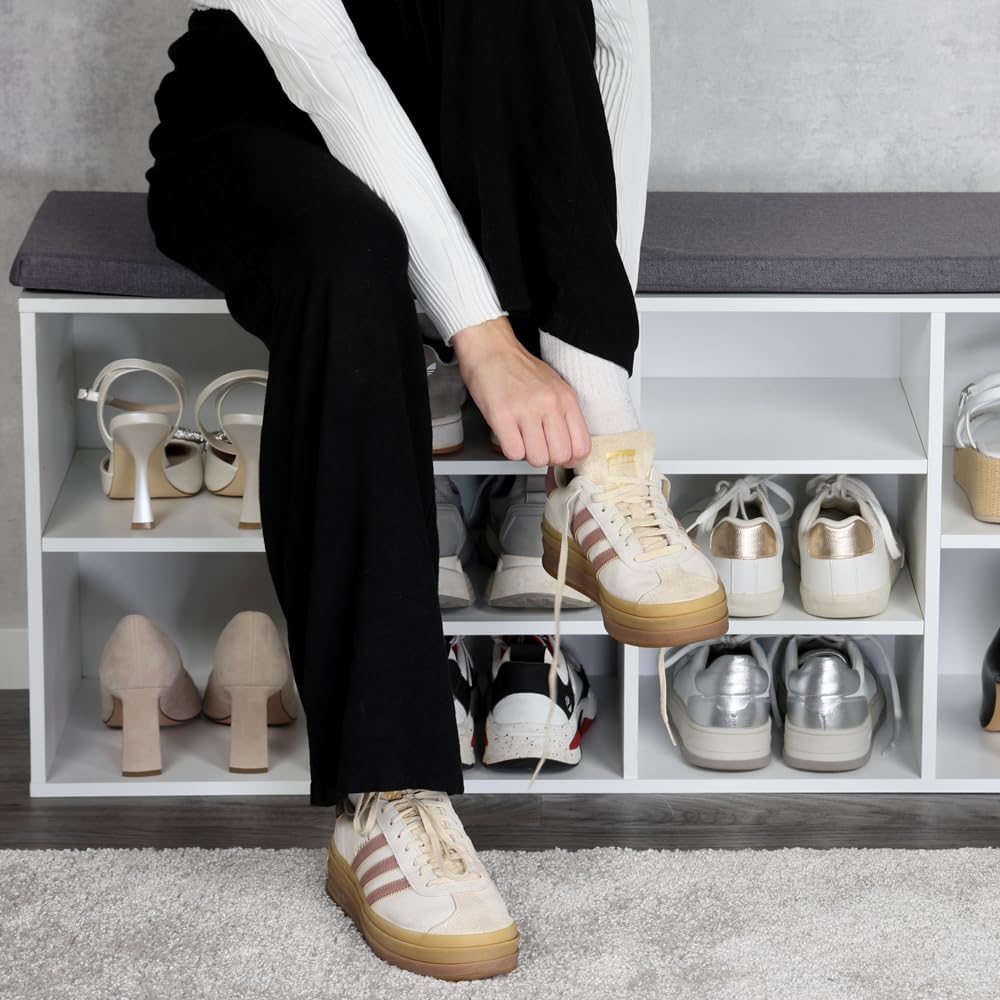 Kesper | Schuhschrank mit Sitzkissen | Weiss lackiert | variabel einteilbare Fächer | FSC®-zertifizi