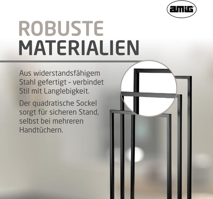Amig - Matt schwarzer freistehender Handtuchhalter mit 3 Metallstangen - Bodenständer für Badetücher