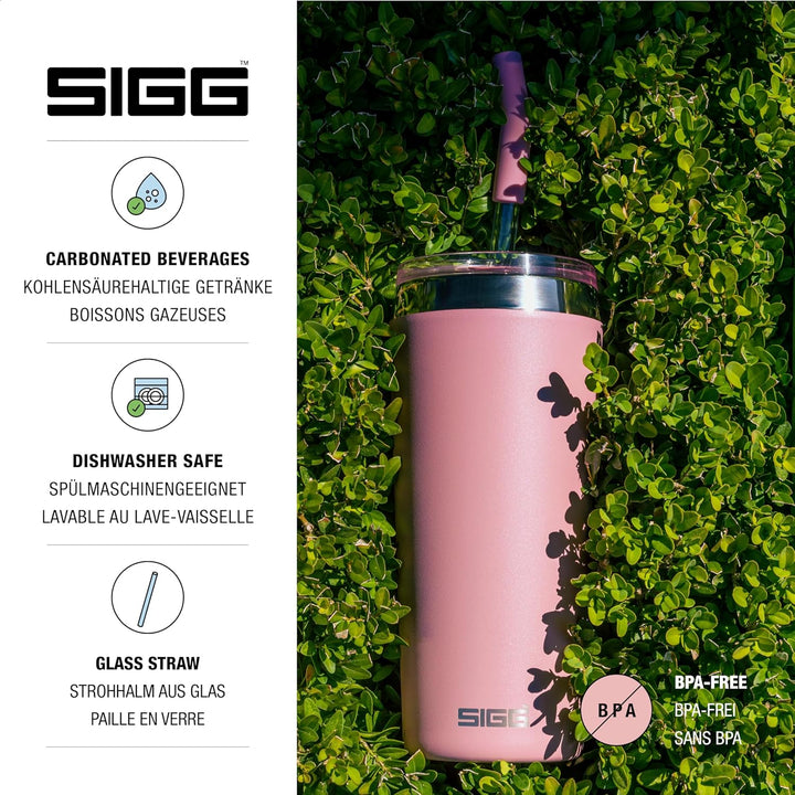 SIGG - Isolierbecher - Travel Mug Helia - Mit wiederverwendbarem Glastrinkhalm & Reinigungsbürste -