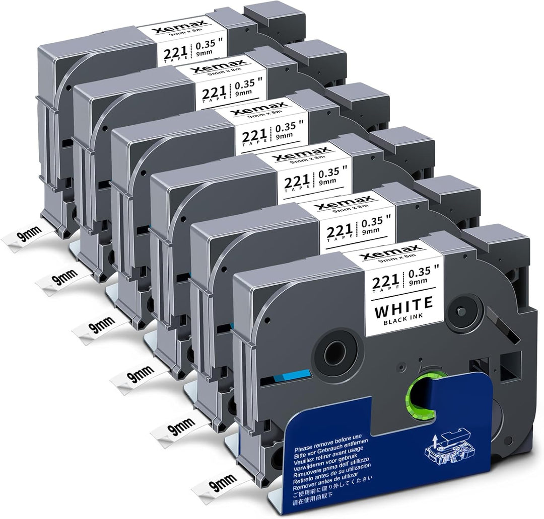 6x XemaX Kompatibel TZe-221 9mm Brother Ersatz für Brother TZe-221 9mm Schriftband P-Touch Tape Weis