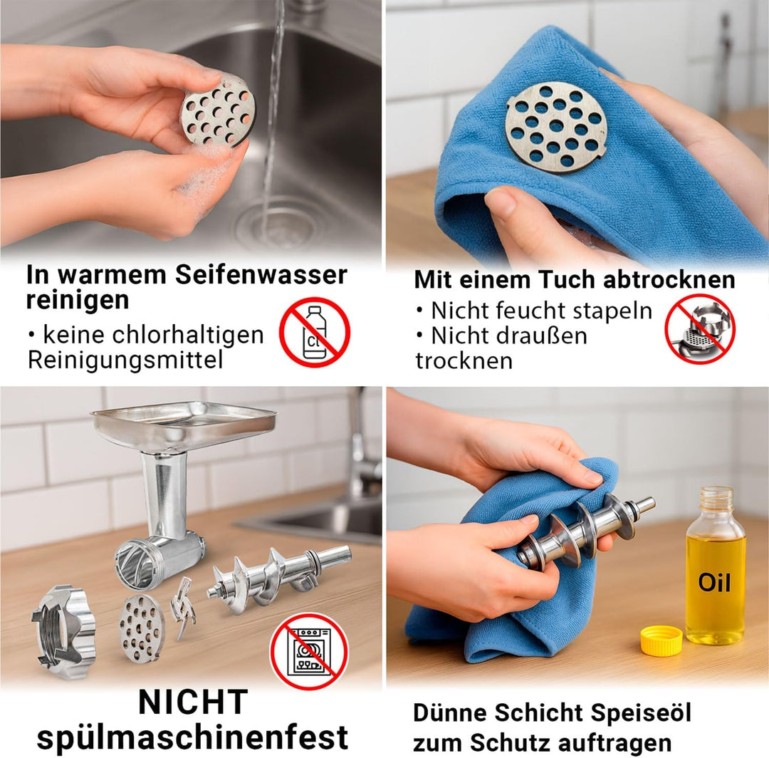 Fleischwolf elektrisch 1500 W (Blocking Power), Edelstahl-Schneidsatz, 3 Lochscheiben 3/5/7 mm, Vorw