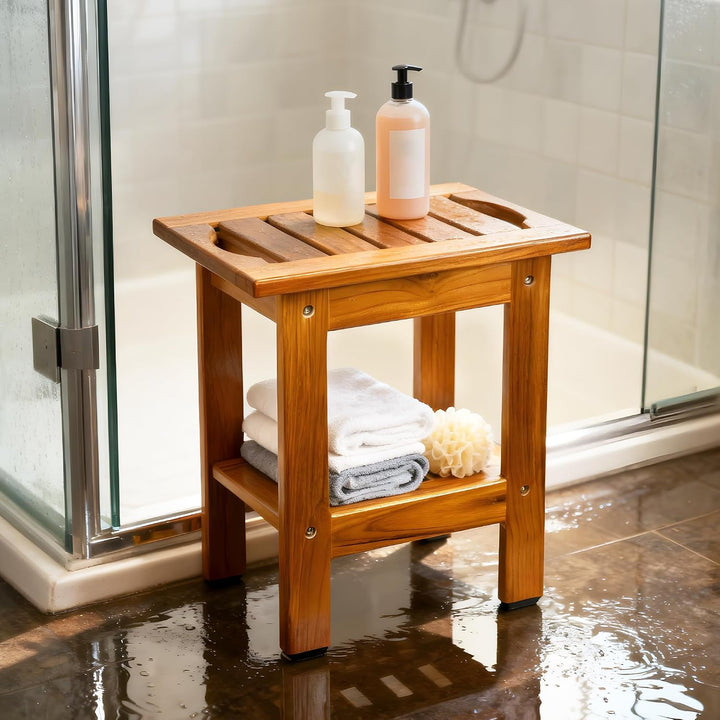 VaeFae Duschbank aus Teakholz Kleiner Badhocker Hocker, Zweistufiger Duschhocker aus Holz, Badezimme