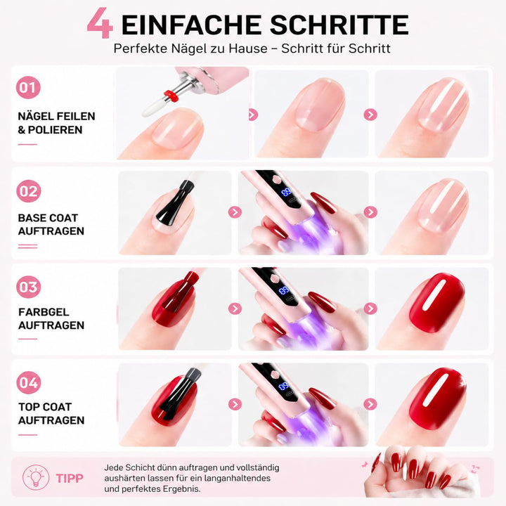 Gelnägel Starter Set für Anfänger, Kabelloser Nagelfräser mit Integriertem UV-Licht, UV Gel Nagellac