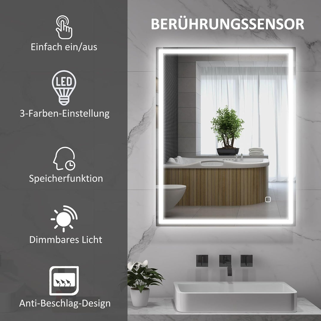 HOMCOM Badspiegel mit Beleuchtung 90x70 cm LED Spiegel Wandspiegel mit Memory-Funktion 3 Lichtfarben