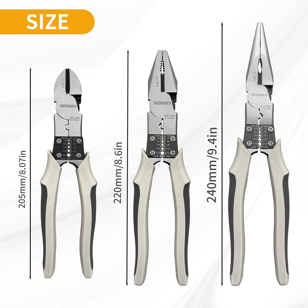 BOOSDEN Zangen Set mit 8 inch Seitenschneider, 8 inch Kombinationszange und 9 inch Spitzzange, 3-tei