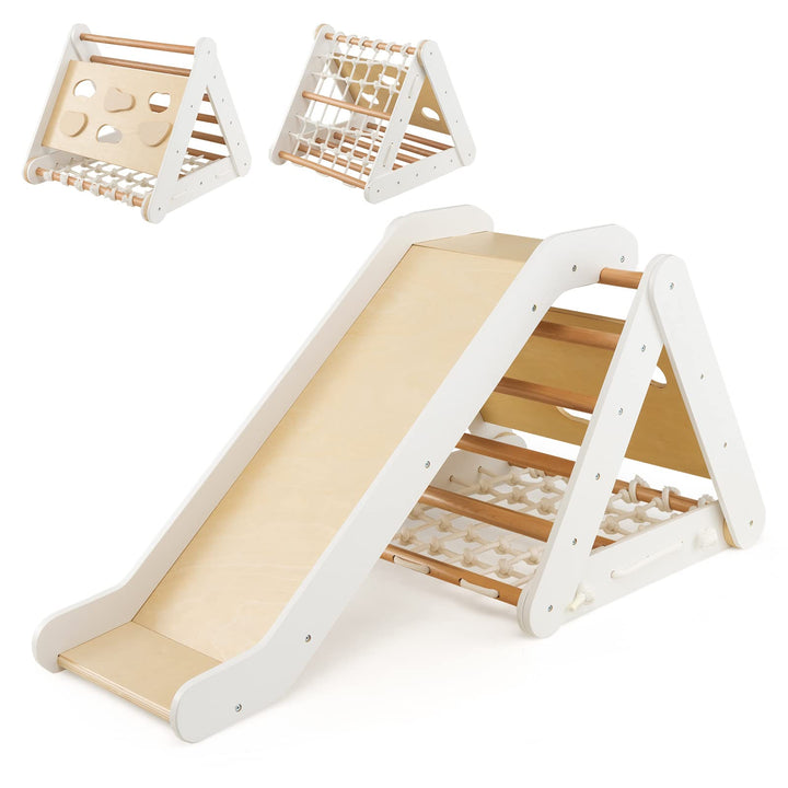 COSTWAY 4 in 1 Kletterdreieck mit Rutsche, Klettergerüst aus Holz, Sprossendreieck zum Rutschen und