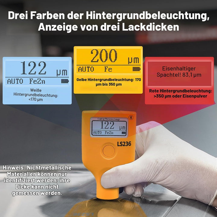 Lackmessgerät Auto, Digitales Lackschichtdickenmessgerät T7-LS-236, Dickenmessgerät mit APP, 0.0~500