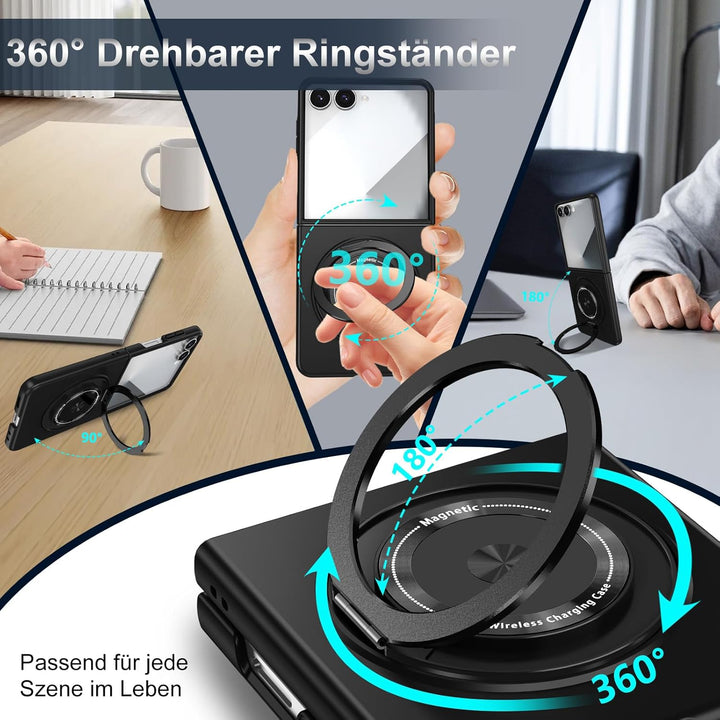 Handyhülle für Samsung Galaxy Z Flip 7 Hülle mit Schutzfolie, 360 Grad Magnetisch Metall Ring Stände
