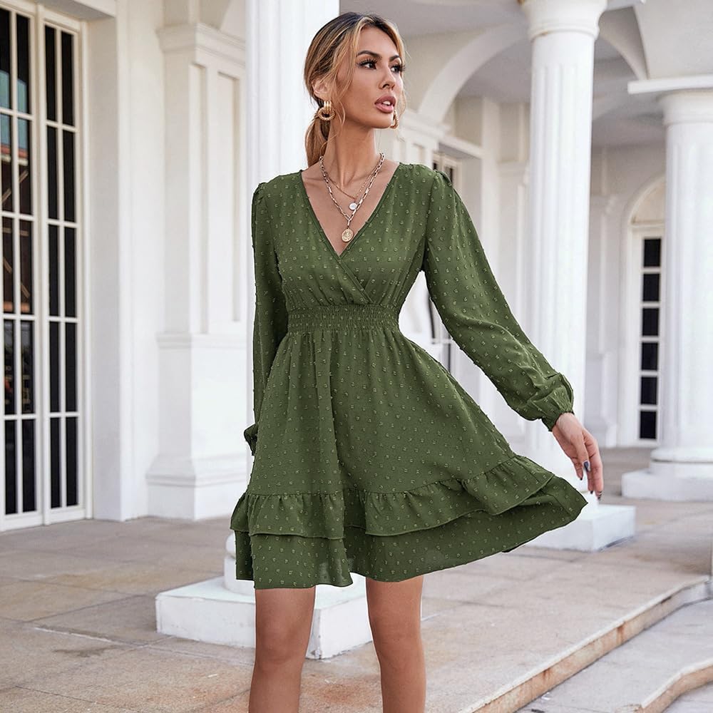 Damen Langarm Kleid V-Ausschnitt Wickelkleid Tunika Kleider Partykleid Sexy Casual Midikleid Elegant