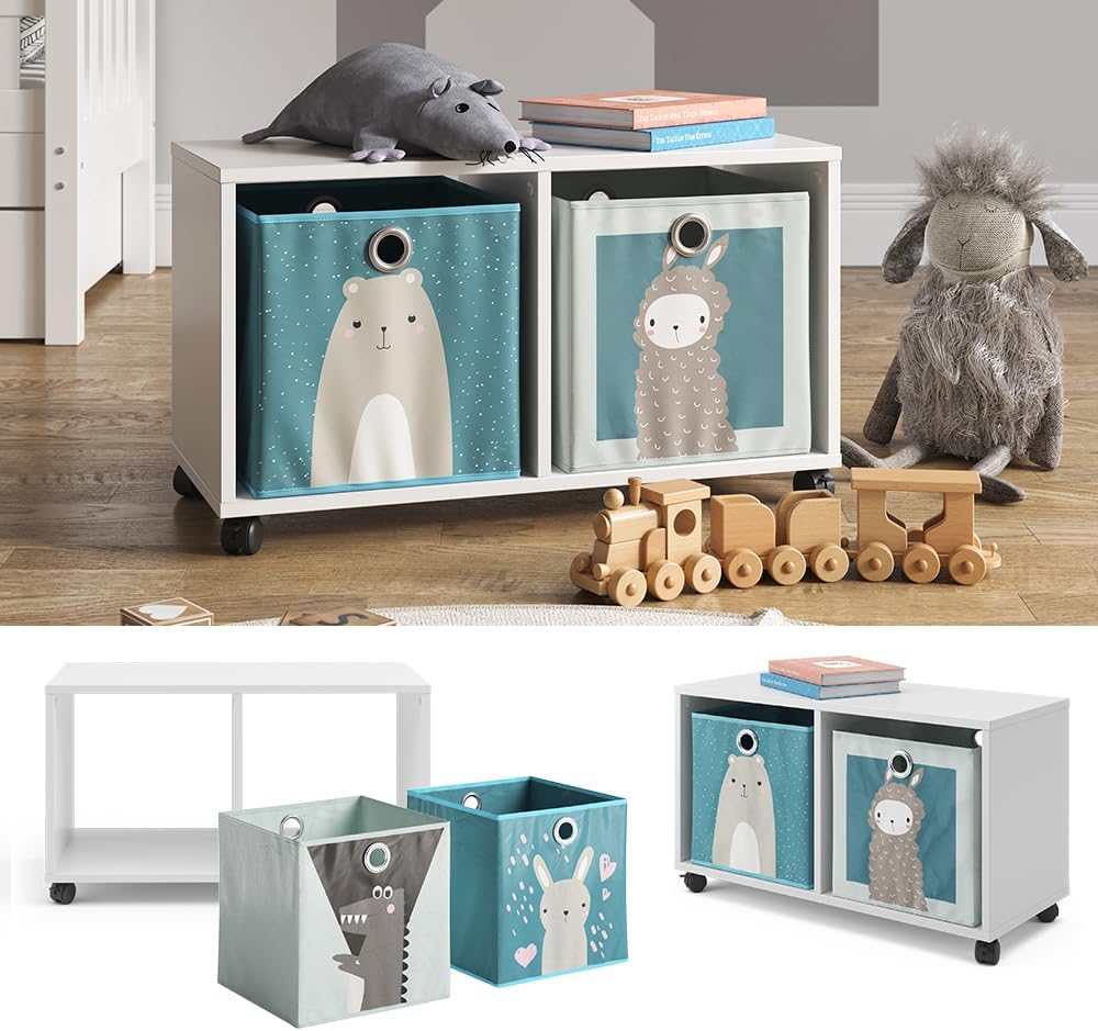 Vicco Kinderregal, Weiss, 72 x 42.4 cm mit 2 Faltboxen, auf Rollen fahrbar mit Zwei offenen Ablagefl
