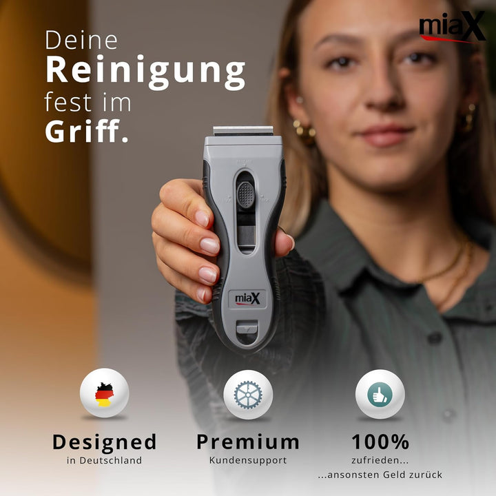 miaX Kochfeldschaber 2.0 mit automatischem Klingenwechsel & 21 Klingen | 18 Metallklingen, 3 Keramik