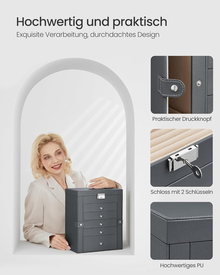 SONGMICS Schmuckkästchen 6 Ebenen, Schmuckkasten mit 5 Schubladen, viel Stauraum, innen mit Spiegel,