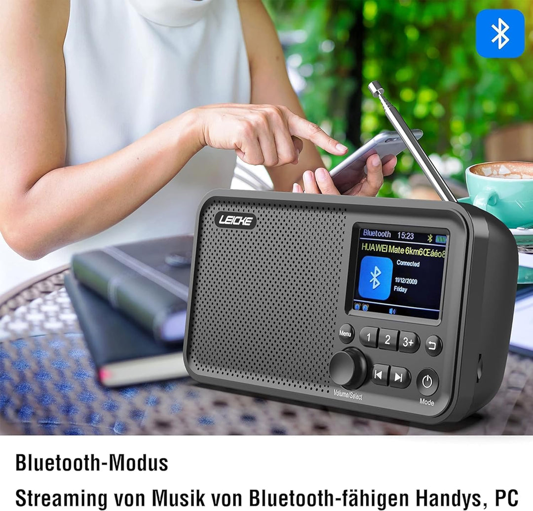 LEICKE tragbares DAB+ Radio mit Bluetooth 5.0 | DAB/DAB+ und UKW Radio, 2,4" Farbdisplay, 80 Voreins