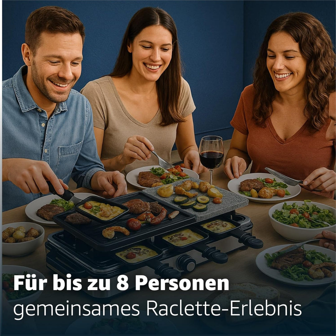 Raclette 8 Personen Set - Mit Tischgrill & Grillplatte & Steinplatte Funktion - inkl. Pfännchen & Sc