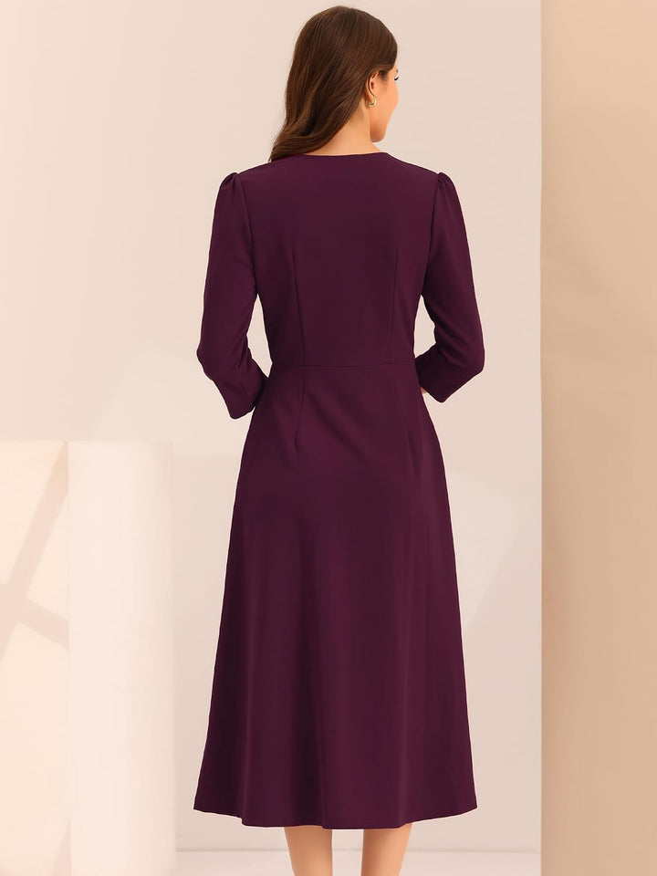Allegra K Damen 3/4-Ärmeln A-Linie V-Ausschnitt Business Kleid Taschen Arbeit Elegant Midikleid M Du