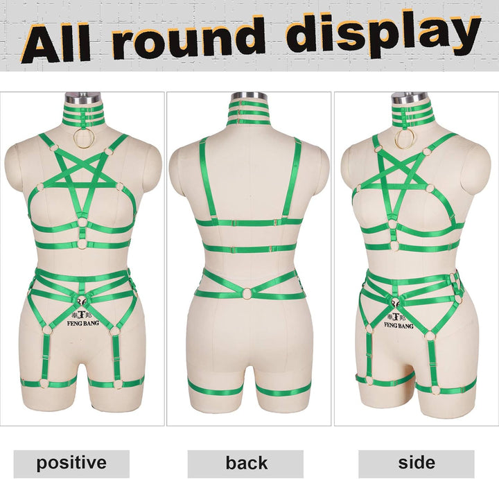 BBOHSS Damen Body Harness Pentagramm BH Set Punk Strumpfband Bein Taille Tanz Elastic Gothic Carniva