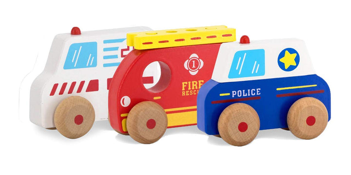 JAMARA 460878 - Holzspielzeug - Kidiwood Einsatzfahrzeuge, 4-teilig - Fördert die motorischen Fähigk