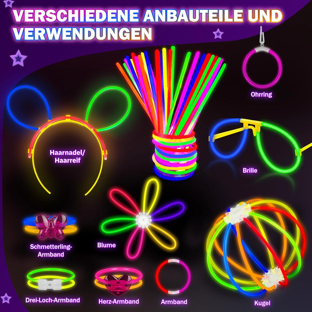 Knicklichter Party Set,100 Stück Leuchtstäbe 130 Verbinder,Neon Knicklichter Ketten und Leuchtbrille