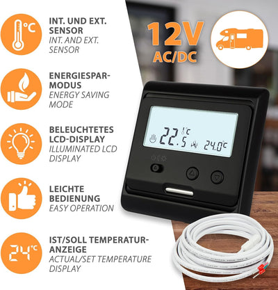 3m 130Watt 12V Niedervolt Carbon Heizfilm mit Thermostat - Bodenheizung im Wohnwagen, individuelle P