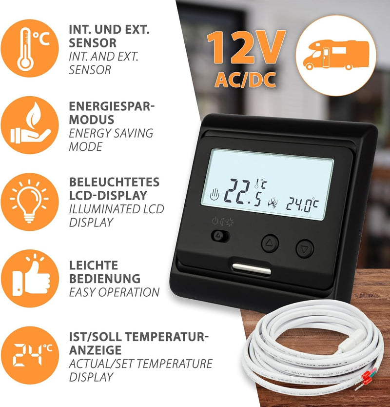 3m 130Watt 12V Niedervolt Carbon Heizfilm mit Thermostat - Bodenheizung im Wohnwagen, individuelle P