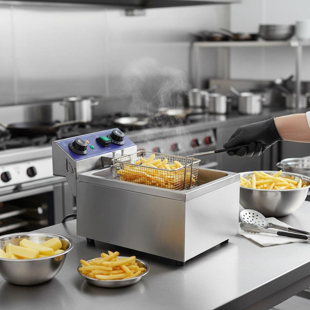 Elektro-Fritteuse 10 Liter – Edelstahl, 3000 W, Temperaturregelung bis 200°C, mit Frittierkorb – kom