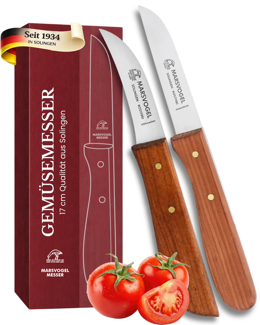 Marsvogel - Duo Pack Gemüsemesser Set - gemischte Klinge - Griffe aus Kirschbaum Holz - Made in Soli