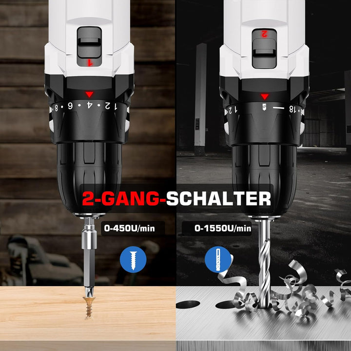 Akkuschrauber Set, 21V Akku Bohrschrauber - Sundpey 18+1 Akkubohrer mit 2 Akkus 2.0Ah, 45Nm Drehmome