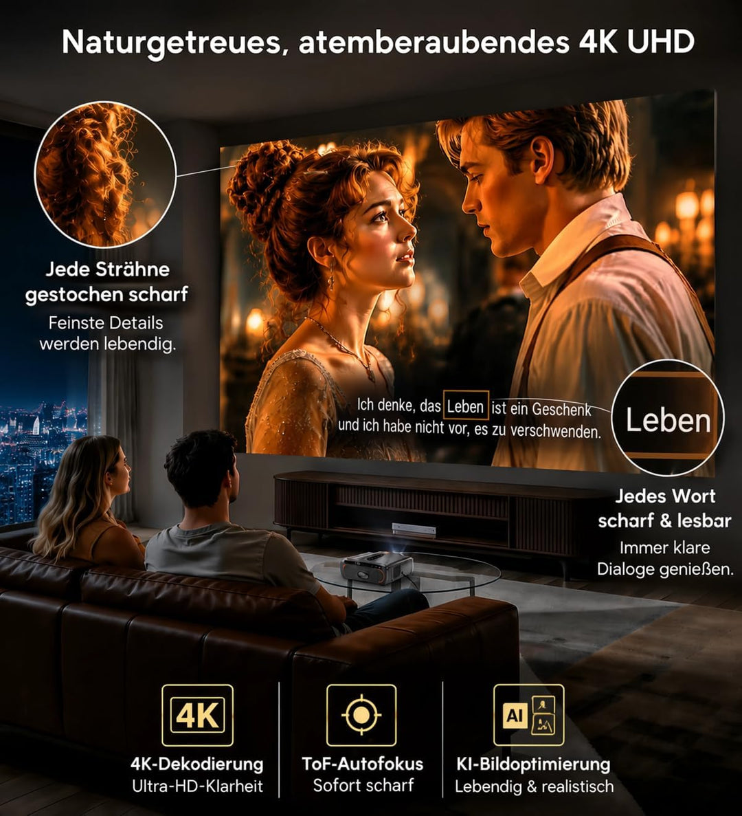 Tageslicht Beamer 2400 ANSI Ultra HD 4K HDR10+ Smart Projektor mit 2026 automatischer Objektivabdeck