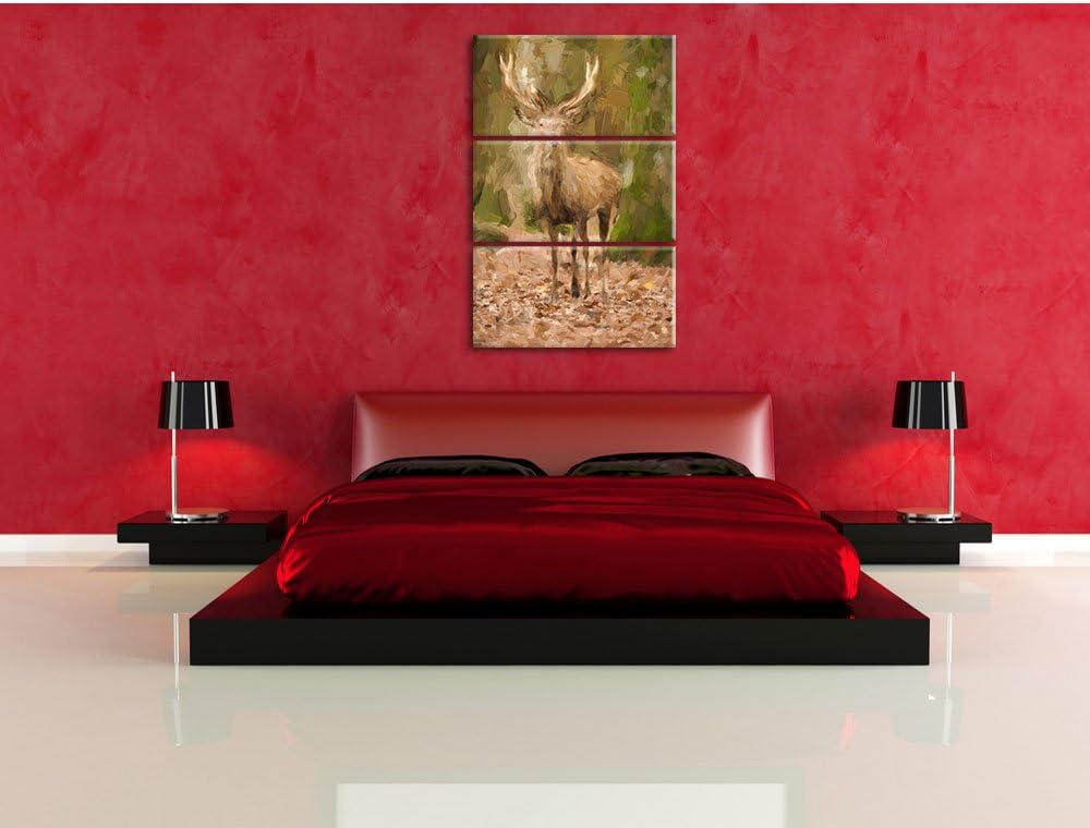 Pixxprint Schöner Hirsch im Wald Pinsel Effekt 3-Teiler Leinwandbild 120x80 Bild auf Leinwand