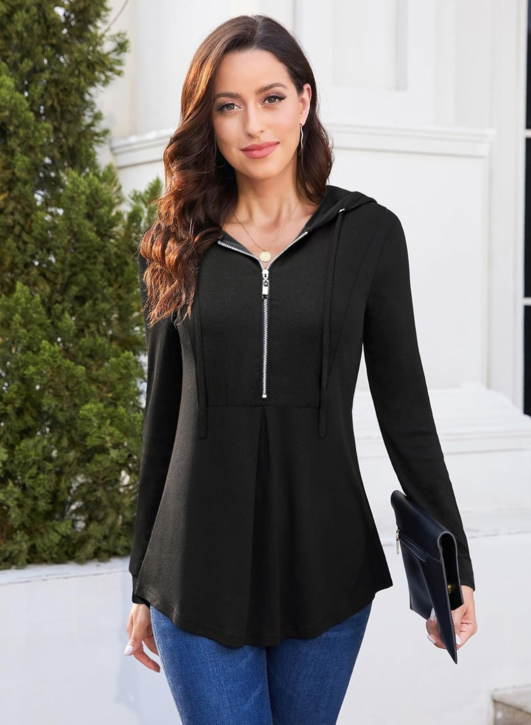 Siddhe Pullover Damen Hoodie 1/4 Zip Farbblock Sweatshirt Kapuzenpullover Tunika mit Reissverschluss