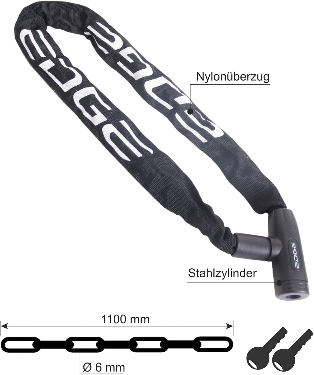 Edge Kettenschloss Granito Fahrradschloss Ø 6 mm x 110 cm Schwarz inkl. Fahrradklingel