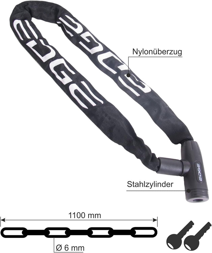Edge Kettenschloss Granito Fahrradschloss Ø 6 mm x 110 cm Schwarz inkl. Fahrradklingel