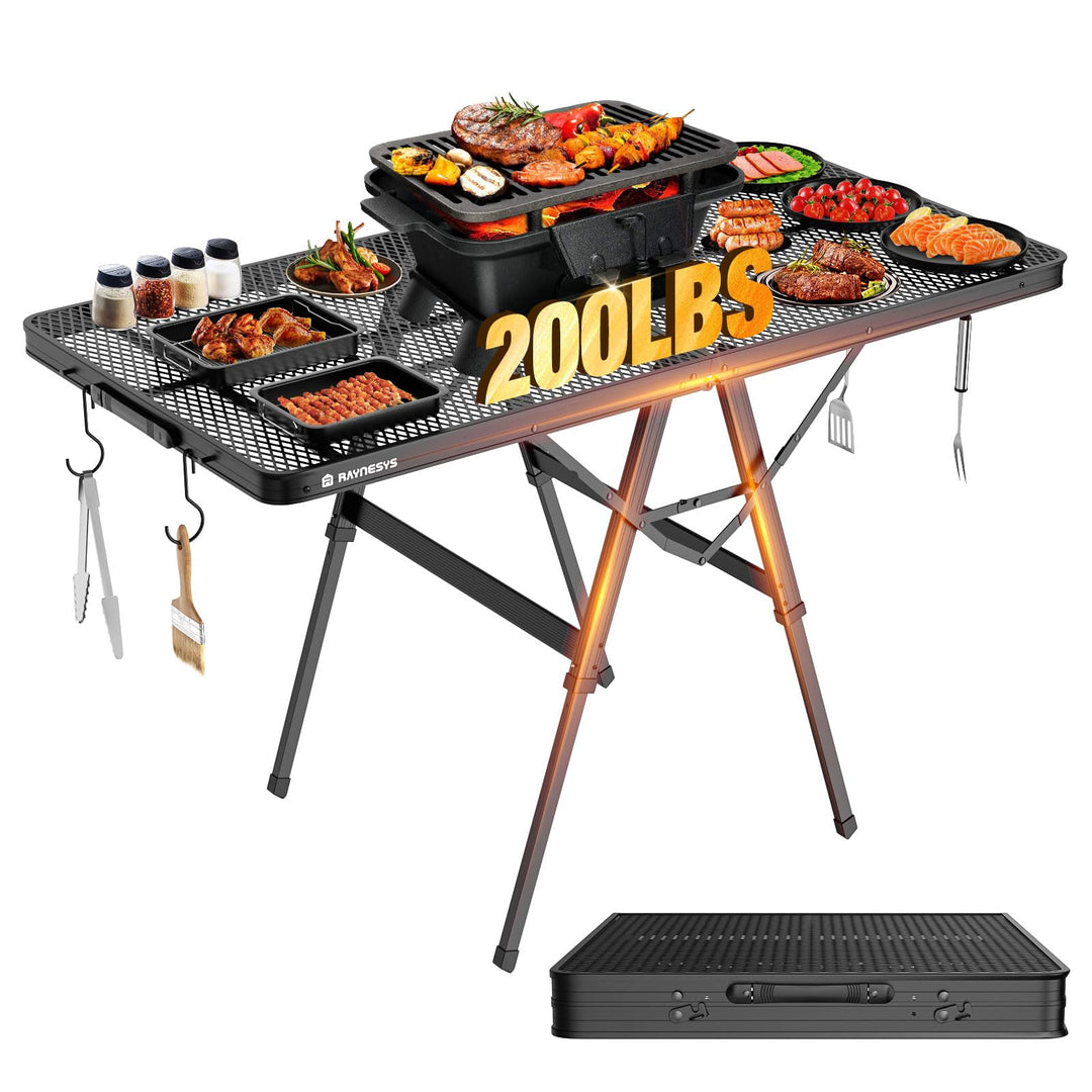 Raynesys Klappbarer Grilltisch mit Mesh-Tischplatte, Höhenverstellbarer Faltbarer Campingtisch aus M