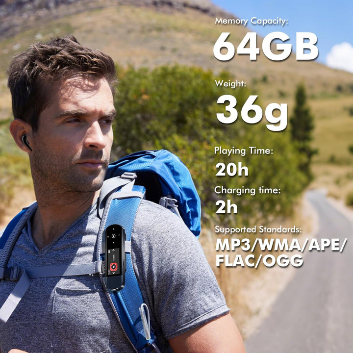 64GB Tragbarer USB MP3 Player mit Bluetooth 5.3, Clip für Sport & Laufen, FM Radio, Voice Recorder,